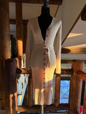 Pink Rose Ribbed Knit Dress In Beige